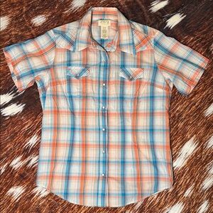 Wrangler As Real As Blue and Orange Plaid Button Down Shirt